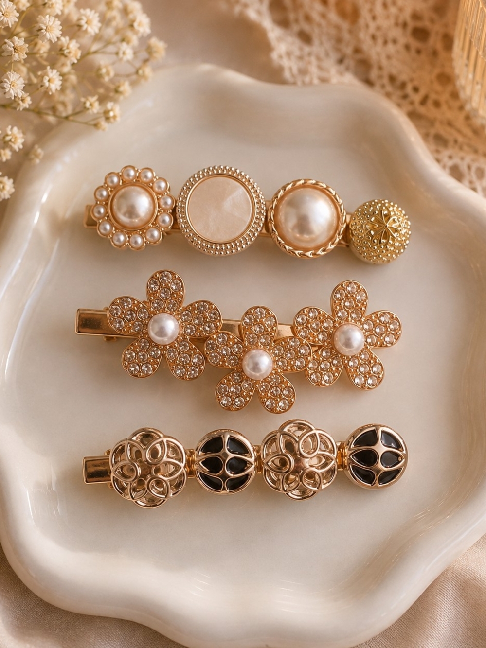 Gold Pearl Floral Hair Clip Set - New